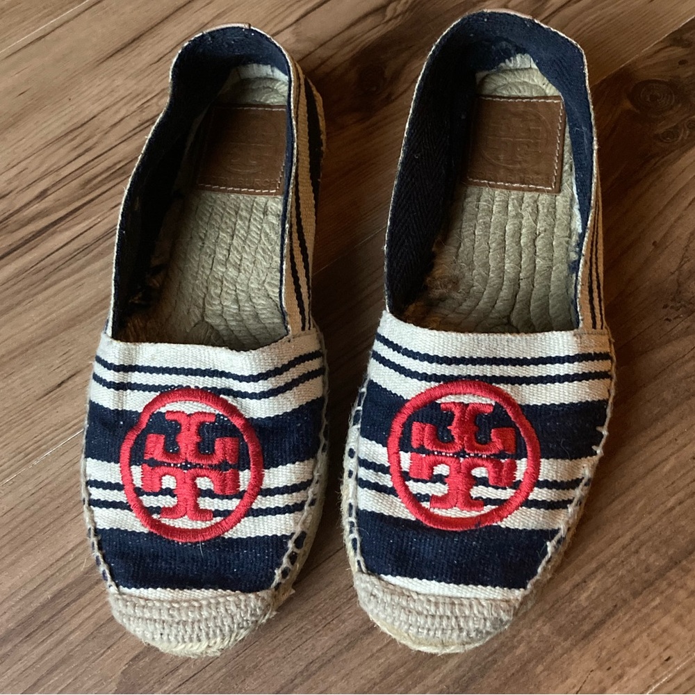 Tory Burch Navy and Cream Striped Espadrilles with Red Logo